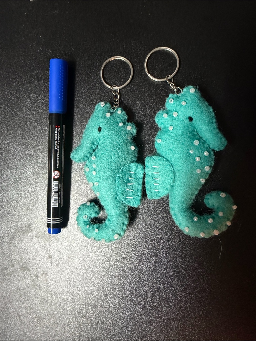 Handmade Teal Seahorse Felt Keychain - Cute Bag Charm
